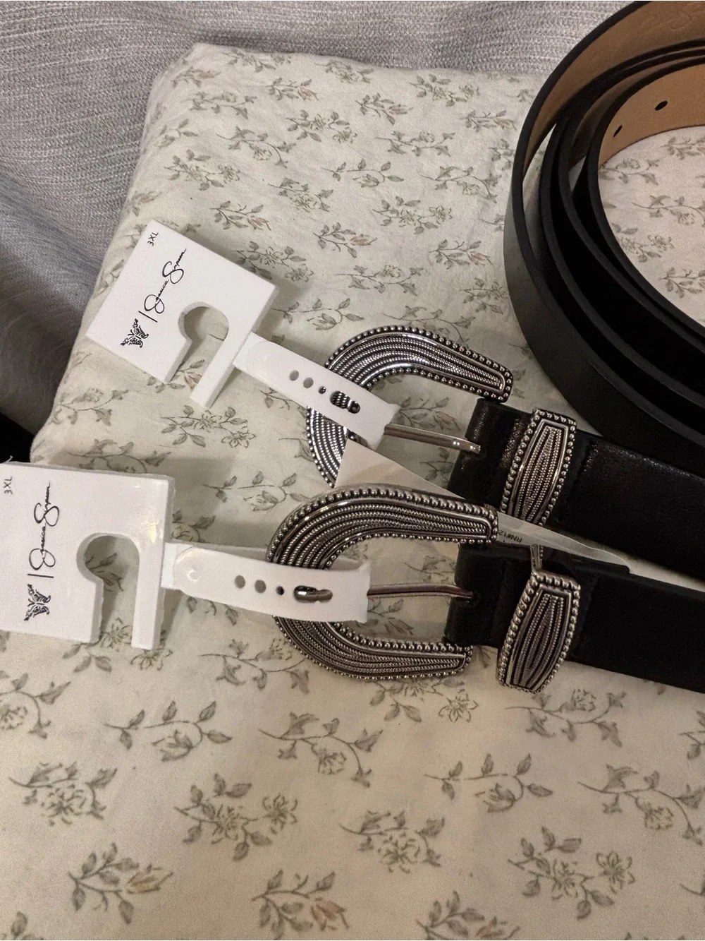 Jessica Simpson Black Double Western-Style Belt with Silver Buckles set of two